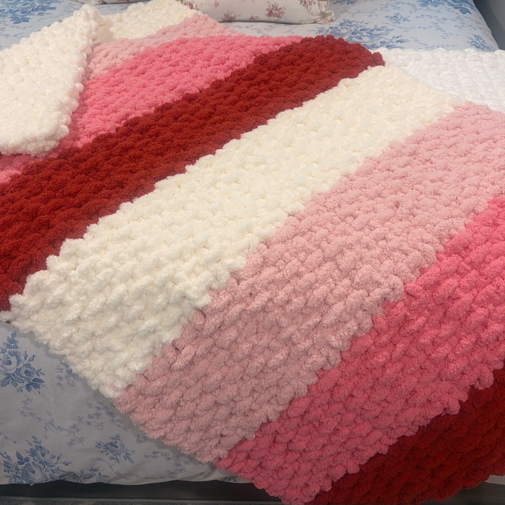 Valentines Inspired Cozy Striped Jumbo Chunky Chenille Hand Knit Blanket